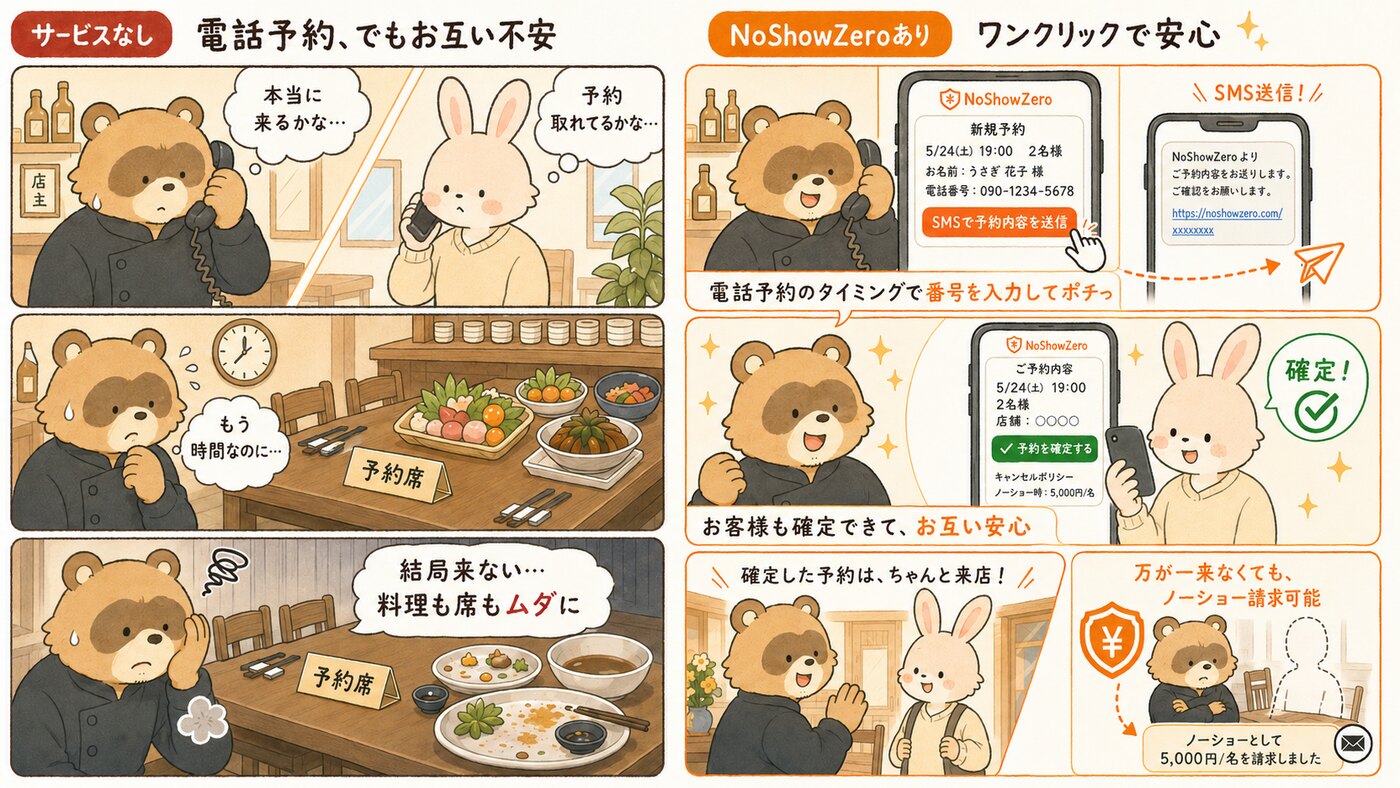 電話予約のすっぽかしに悩む店主と、ノーショーゼロでワンクリック確定・万一の無断キャンセル時も請求できる流れ